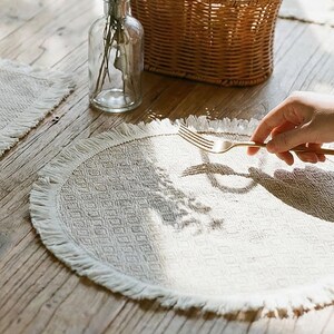 Farmhouse Placemat, Tassel Fringe Table Runner Accent, Food Styling Photography Background, Minimalist Woven Mat, Single Piece