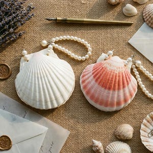 Puede incluir: Una composición decorativa con dos conchas de vieira, una blanca y otra con un degradado rosa, adornadas con hilos de perlas. La escena incluye conchas marinas, lavanda, sobres con sellos de cera y una pluma estilográfica vintage.