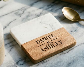 Posavasos personalizados para parejas, de madera y piedra, ideales como regalo de inauguración de casa con grabado personalizado, perfectos para nuevos propietarios, estilo bohemio (1 unidad).