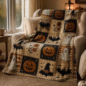 May include: A quilted throw blanket featuring a patchwork design of Halloween motifs including orange jack-o'-lanterns, white ghosts, black bats, and black witch hats, interspersed with floral squares and a tan and brown plaid fabric pattern.