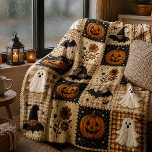 Könnte beinhalten: Eine Patchwork-Decke mit einem sich wiederholenden Muster aus Kürbissen, weißen Geistern, schwarzen Hexenhüten, Fledermäusen und braunen Blumen auf Quadraten mit schwarzen, beigen und braunen Karomustern oder Sternenmustern.
