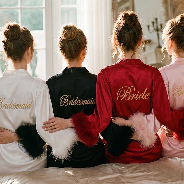 Feather Getting Ready Robes, Bridesmaid Robes, Embroidered Bride Robe, Wedding Day Robe, Custom Faux Silk Robe, Bridesmaid Gifts