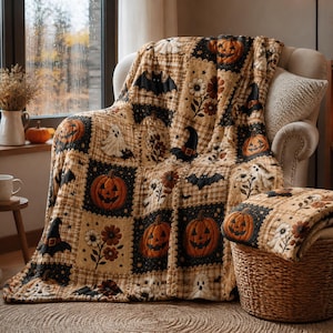 May include: A rectangular throw blanket featuring a patchwork pattern of Halloween-themed squares. The design includes orange jack-o'-lanterns, black bats, white ghosts, witch hats, and floral motifs set against black and tan plaid backgrounds.
