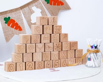 Baby Shower Activity,Color Your Own ABC Blocks, Laser Engraved ,Engraved Wooden Alphabet Blocks for Decorating Games and Activities