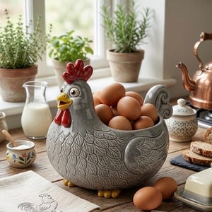 May include: A grey ceramic chicken-shaped egg holder with a red comb and wattle, yellow beak, and textured feather details. The hollow body contains several brown eggs, with two additional brown eggs resting on the wooden surface nearby.