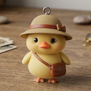 May include: A yellow cartoon duck wearing a tan hat with a brown band and bow, and a brown satchel. The duck has an orange beak and feet. The background includes a compass, rocks, and old papers.