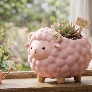 以下が含まれることがあります： 多肉植物が入ったピンク色の羊型プランター。 プランターには可愛らしい顔と木の脚が付いています。 小さな木製の看板には「Succulent & Put」と書かれています。 銅製のじょうろと小さな鉢植えも表示されています。