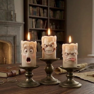 May include: Three lit, cream-colored candles with expressive faces, each on a bronze candlestick. One candle has a surprised expression, another a menacing grin, and the third a grumpy face with its tongue out. The candles are on a wooden table.
