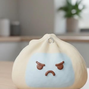 May include: A beige, dumpling-shaped object with a light blue face featuring a grumpy expression. The face has brown eyebrows and a curved mouth. A silver ring is attached to the top. The object is on a wooden surface.