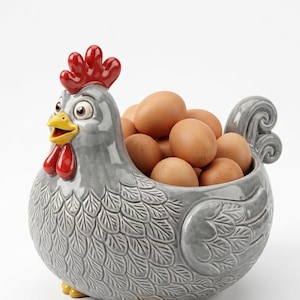 May include: A gray ceramic chicken-shaped egg holder with a glossy finish. The chicken features a bright red comb and wattle, a yellow beak, and large eyes. The body is textured with molded feather patterns and is filled with several brown eggs.