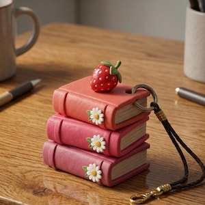 May include: A stack of three miniature books in shades of pink, topped with a red strawberry and daisy accents. The keychain has a metal ring and a black strap with a gold clasp.