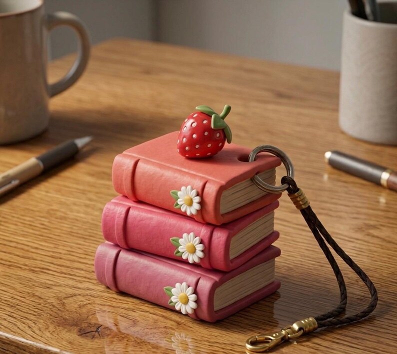 May include: A stack of three miniature books in shades of pink, topped with a red strawberry and daisy accents. The keychain has a metal ring and a black strap with a gold clasp.