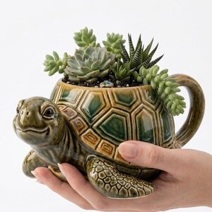 Op de afbeelding: Een keramische schildpadvormige plantenbak met een handvat, gevuld met diverse groene vetplanten. De plantenbak heeft een bruine en groene glazuur, met een gedetailleerd schildontwerp. De schildpad wordt in een hand gehouden.