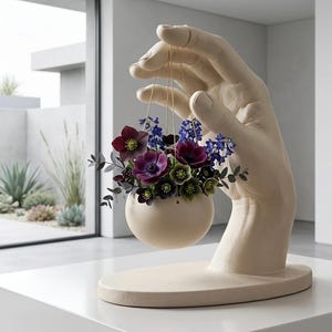 May include: A cream-coloured sculpture of a hand supporting a small, spherical vase filled with flowers. The flowers are a mix of deep purple, blue, and green. The sculpture is on a white surface, with a window and outdoor view in the background.