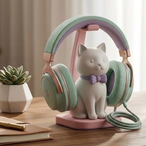Puede incluir: Auriculares verde menta y oro rosa sobre un soporte rosa con forma de gato. Los auriculares tienen auriculares y diadema verde menta con detalles en oro rosa. Una figura de gato blanco con pajarita morada está en el soporte.