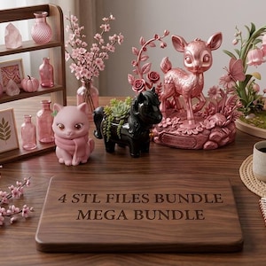 May include: A display of pink ornaments and a wooden shelf with glass bottles. A cat figurine, a deer statue, and a wooden sign with the text "4 STL FILES BUNDLE MEGA BUNDLE" are also visible. The shelf is made of wood.