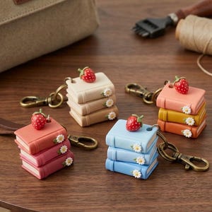 May include: A collection of colorful book-shaped keychains. Each keychain features a stack of miniature books in shades of pink, orange, blue, and beige, topped with a strawberry and adorned with small white flowers. They have gold-colored clasps.