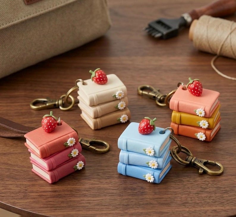 May include: A collection of colorful book-shaped keychains. Each keychain features a stack of miniature books in shades of pink, orange, blue, and beige, topped with a strawberry and adorned with small white flowers. They have gold-colored clasps.