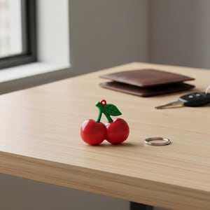 May include: A red cherry-shaped keyring with a green leaf and stem rests on a light wood surface. A brown wallet, car keys, and a silver ring are also on the table. The keyring is a fun, decorative accessory.