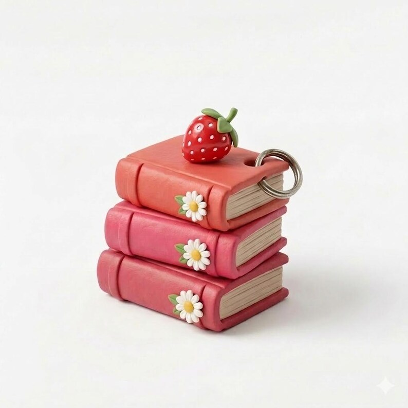 May include: A stack of three miniature books in shades of pink and red, adorned with white daisy accents. A red strawberry with white dots sits atop the top book. A silver keyring is attached to the top book. The background is white.