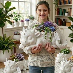 Puede incluir: Una maceta de dragón de cerámica blanca llena de suculentas. El dragón tiene una expresión de sueño y está rodeado de otras macetas de dragón. La maceta es sostenida por una persona.