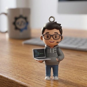 Può includere: Statuetta di un programmatore sorridente con occhiali, auricolare e felpa con cappuccio grigia, che tiene in mano un laptop che mostra codice. La statuetta indossa jeans blu e scarpe da ginnastica bianche. Una tazza di caffè e una tastiera sono sullo sfondo.
