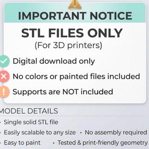 May include: A digital download notice with the text "IMPORTANT NOTICE" and "STL FILES ONLY (For 3D printers)". The notice states that it is a digital download only, with no colors or painted files included, and supports are not included. Model details are also listed.