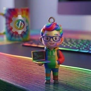 Puede incluir: Una colorida figura de un programador sosteniendo una computadora portátil, con gafas y auriculares. La figura tiene cabello y ropa de arcoíris. Detrás de la figura hay una taza teñida con un símbolo de engranaje y código. Un teclado y un monitor están en el fondo.