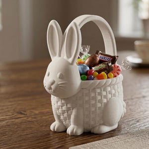 Op de afbeelding: Een witte konijnvormige mand gevuld met kleurrijke snoepjes en verpakte chocolaatjes. De mand heeft een geweven textuur en een handvat. Het konijn heeft lange oren en een lachend gezicht. Een charmant decoratief item met Pasen als thema.