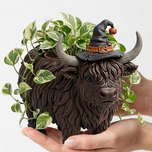 May include: A brown Highland cow planter with a witch hat and a small pumpkin. The planter is filled with green and white leafy plants. The cow is held in a person's hands.