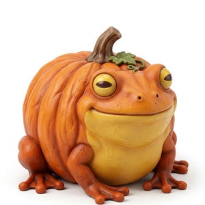 May include: A decorative figurine shaped like a round orange pumpkin with the face and limbs of a frog. The creature has a smooth yellow belly, large yellow eyes with dark pupils, and a brown stem with a small green leaf on top of its head.