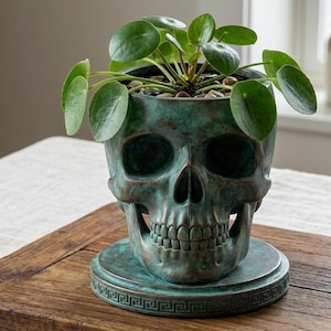 May include: A teal-colored skull-shaped planter with a small green plant inside. The planter sits on a matching round base with a Greek key design. The skull has detailed features and is placed on a wooden surface.
