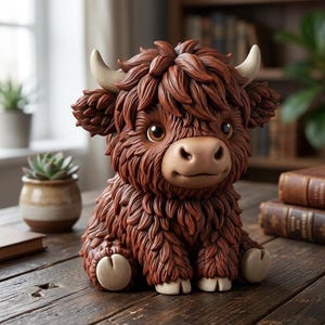 May include: A brown Highland cow figurine with a fluffy coat, small horns, and large eyes. The figurine is sitting on a wooden surface. The cow has a light-colored muzzle and feet. The figurine is a decorative item.