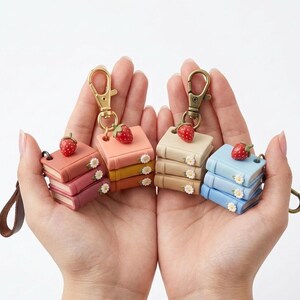 May include: Four miniature book keychains in shades of pink, yellow, beige, and blue, each topped with a red strawberry and small white flowers. The keychains have gold-colored clasps and are held in open hands.