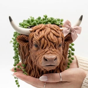 May include: A brown Highland cow plant pot with a light pink bow and green plants. The detailed sculpture features a realistic face, horns, and shaggy fur. A unique decorative item for home or garden.