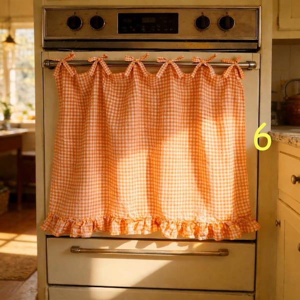 Faldón para puerta de horno hecho a mano, decoración de cocina rústica, ribete con volantes y lazos, cubierta de estufa estilo bohemio, detalles de cocina estilo cottagecore