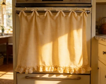 Handgemaakte ovendeurrok, landelijke keukendecoratie, gegolfde rand met lintjes, boho-ovenbekleding, cottagecore keukenaccenten