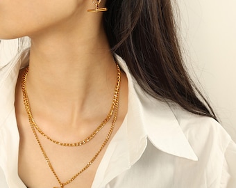 Conjunto de collar y pendientes de oro de 18k con cierre de palanca, gargantilla de cadena tipo curb resistente al deslustre, regalo de cumpleaños para ella, regalo del Día de la Madre