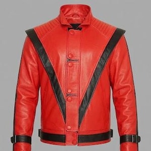 Handmade Red Pop Icon Rock Star Leather Jacket For Men | V Strap Pop dancer Inspired 80s Retro Style Cosplay Costume