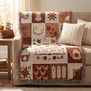 Peut inclure: Un plaid tissé présentant une grille de carrés avec des illustrations sur le thème de l'automne, notamment un oiseau, un gland, un livre ouvert, une tasse fumante, un panier, une théière, des feuilles d'érable et des épis de blé.