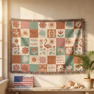 Florida State Blanket, Flamingo Patchwork, Sunshine State Throw, Boho Coastal Decor, Woven Quilt Tapestry, Florida Pride Gift