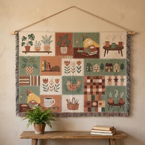 Couverture tissée patchwork douillette, tapisserie coin lecture pour amoureux des plantes, courtepointe cottagecore pour rat de bibliothèque, jeté vintage à l'esthétique café