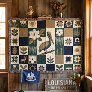 Louisiana State Blanket, Patchwork Quilt Throw, Brown Pelican Art, Magnolia Flower, Pelican State Gift, Bayou Decor, Southern Folk Art