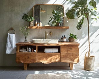 Live Edge Wooden Bathroom Vanity Farmhouse Solid Wood Cabinet Rustic Double Drawer Washstand Furniture