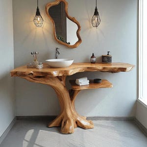 May include: A custom-made wooden bathroom vanity with a live edge countertop and a tree trunk base. The vanity features a white vessel sink, a matching wooden mirror, and two hanging pendant lights. The natural wood grain adds a rustic, organic feel to the space.