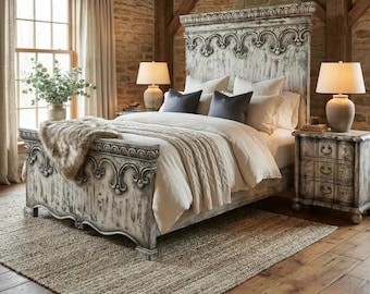 母の日ギフト 素朴なクイーンサイズベッド 彫刻入り木製ヘッドボード ファームハウス家具 アンティーク調寝室家具 存在感のあるアイテム