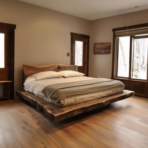 Puede incluir: Una cama de madera rústica con un diseño de borde vivo. La cama tiene un cabecero de madera natural y una base de plataforma. La cama está hecha de madera maciza y tiene un diseño minimalista. La cama está en un dormitorio con pisos de madera.