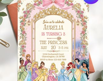 May include: A rectangular birthday invitation card featuring a gold archway decorated with pink roses, a large pink bow, and a crown. The text reads: Join us to celebrate AURELIA IS TURNING 3 THE PRINCESS MAY 20 3-5 PM 1234 Enchanted Court Charmington, CA 56789 RSVP to Mom 123-456-7890. Eleven illustrated princesses stand at the bottom.