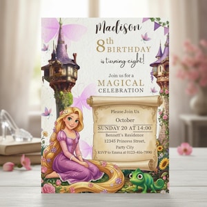 Puede incluir: Una invitación de cumpleaños con una ilustración de princesa con pelo largo y rubio y un vestido morado. La invitación incluye el texto "Madison 8th Birthday" y los detalles del evento. El diseño incorpora torres de castillo, mariposas y elementos florales.