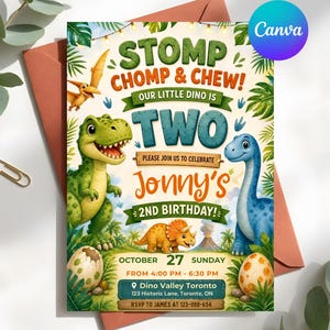 May include: A colorful dinosaur-themed birthday invitation with the text "STOMP CHOMP & CHEW!" and "Jonny's 2nd Birthday!" The invitation features illustrations of dinosaurs, eggs, and tropical foliage. Includes event details.